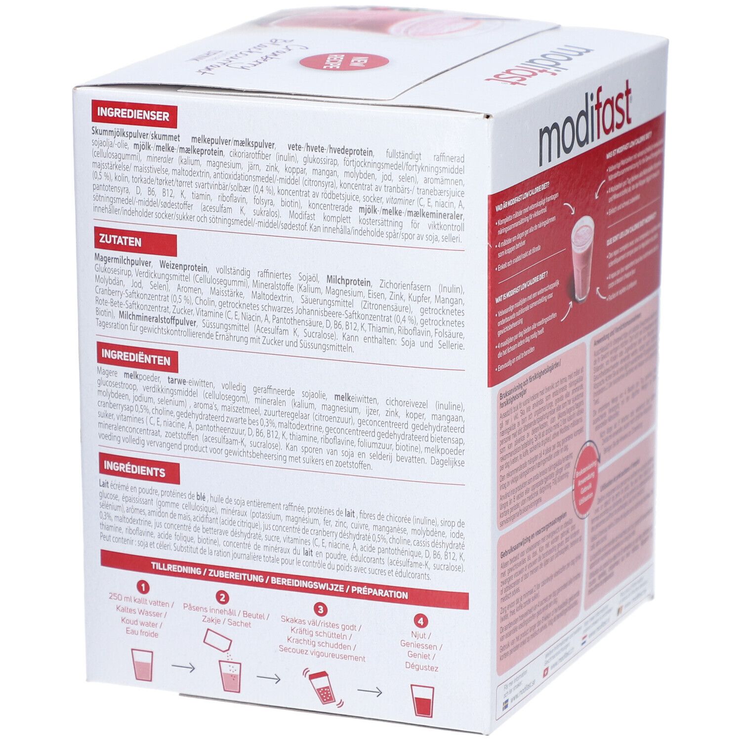 Modifast-Box mit Zutatenliste. Rückseite mit Inhaltsstoffen in verschiedenen Sprachen.