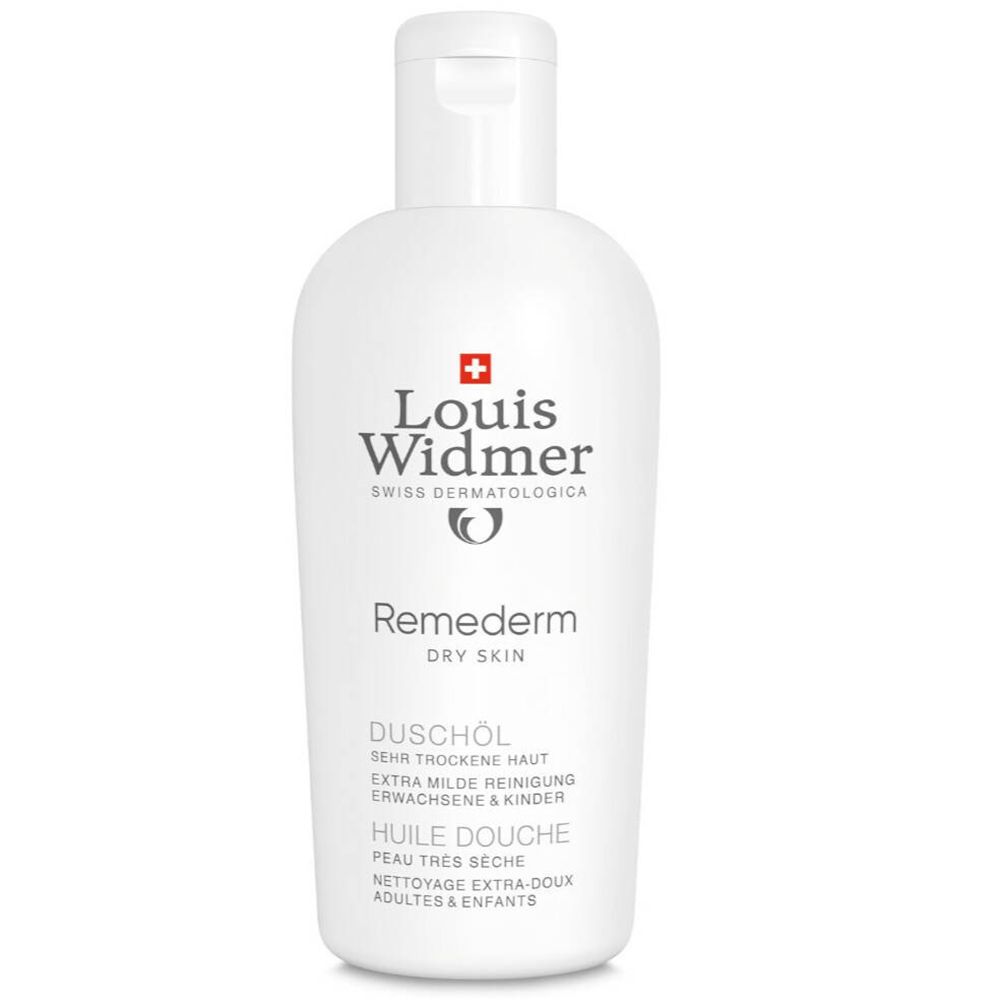 Flacon blanc Louis Widmer Remederm Duschöl. Bouchon rabattable. Texte: Remederm, Huile douche, pour peau très sèche.