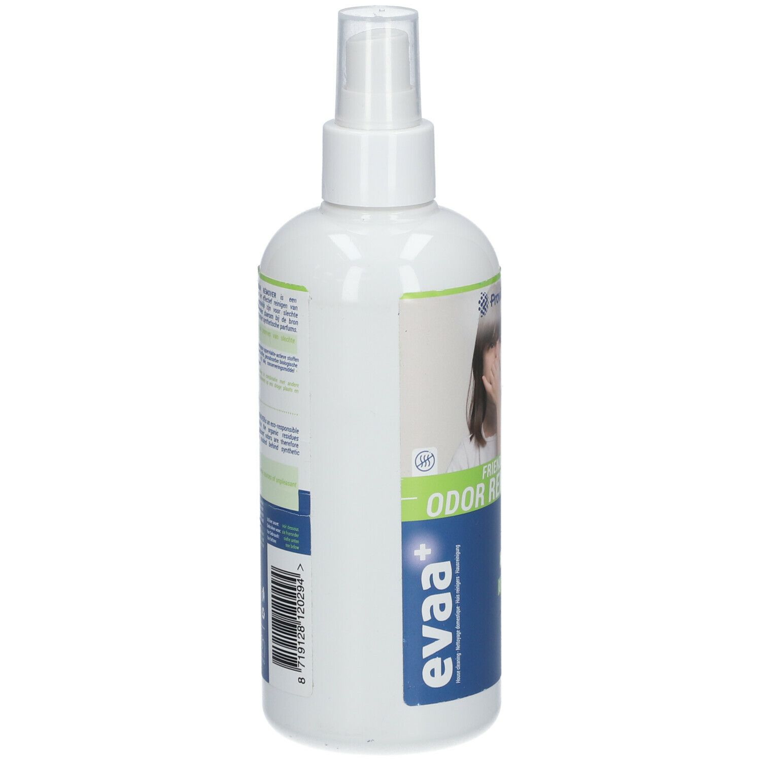 Flacon pulvérisateur blanc avec étiquette. Code-barres et texte. Logo: EVAA+.