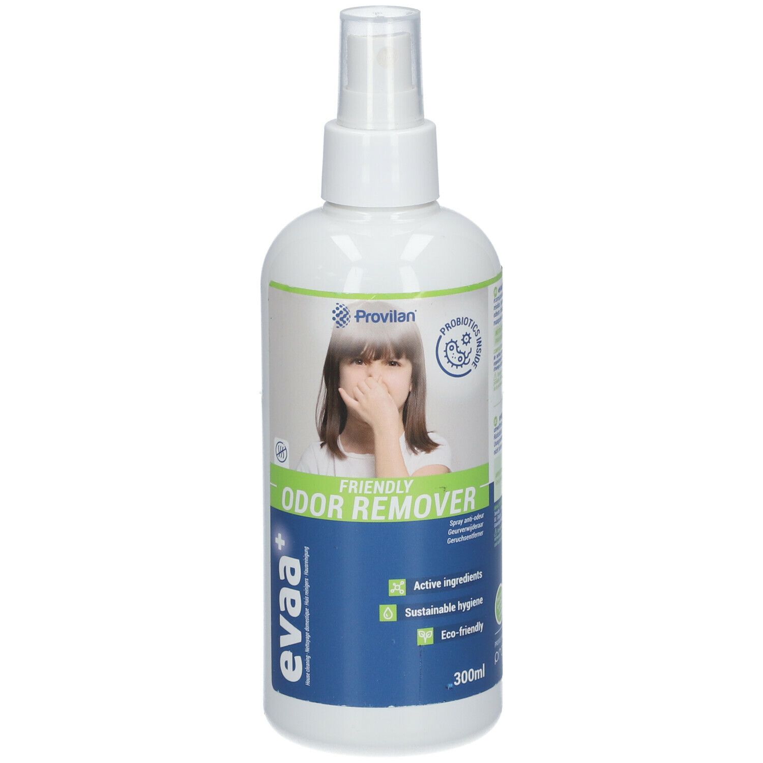 Flacon pulvérisateur blanc avec étiquette bleue et verte. Inscription: Friendly Odor Remover. Logo: EVAA+.