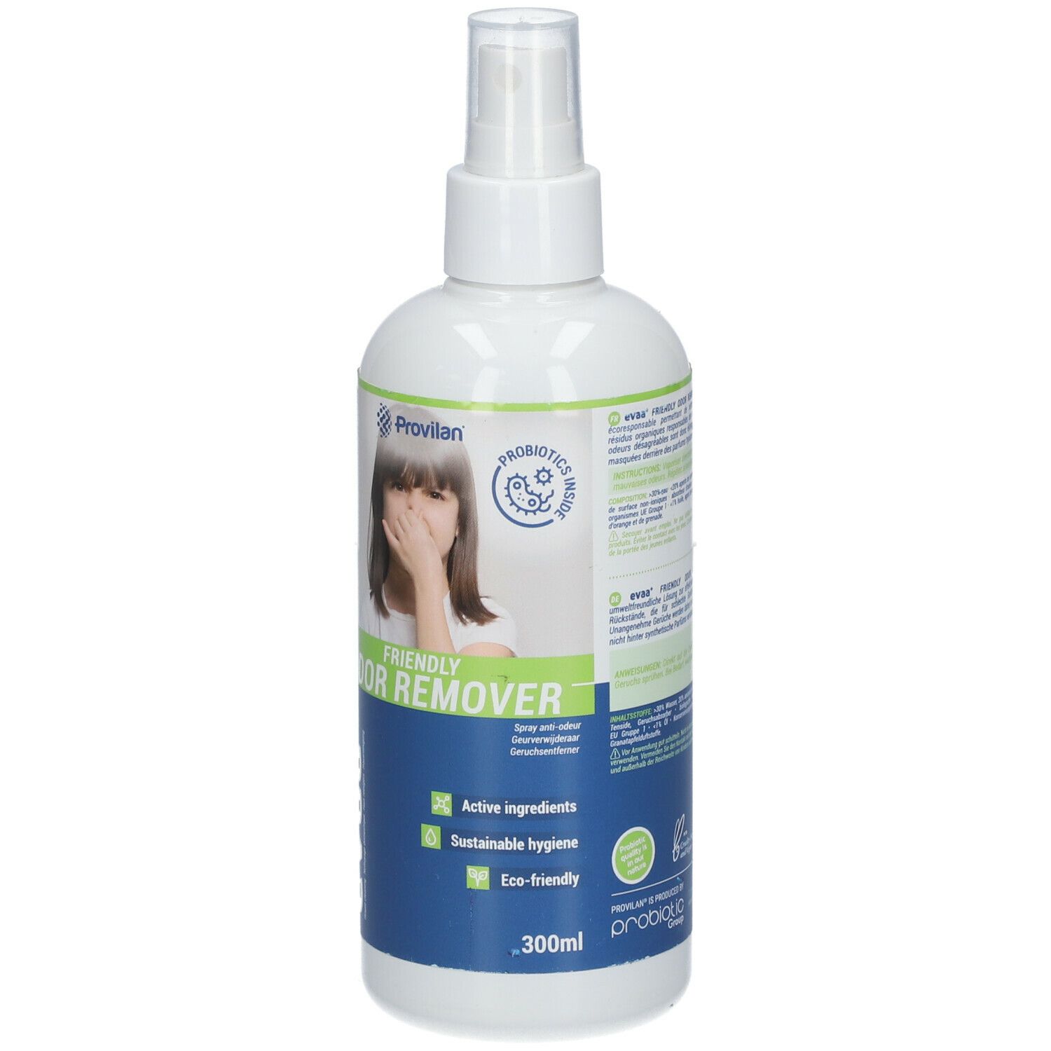 Flacon pulvérisateur blanc avec étiquette bleue et verte. Inscription: Friendly Odor Remover. Logo: EVAA+.