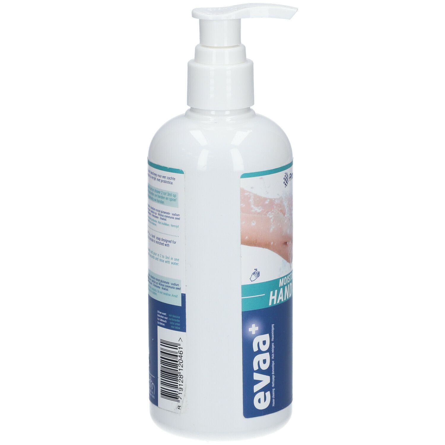Weiße Flasche mit Pumpverschluss. Aufschrift: EVAA+ Handseife. Rückseite mit Text und Barcode.