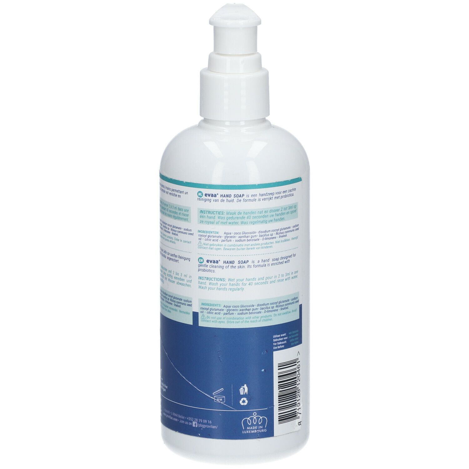 Weiße Flasche mit Pumpverschluss. Rückseite mit Text. Aufschrift: EVAA+ Handseife. Barcode.