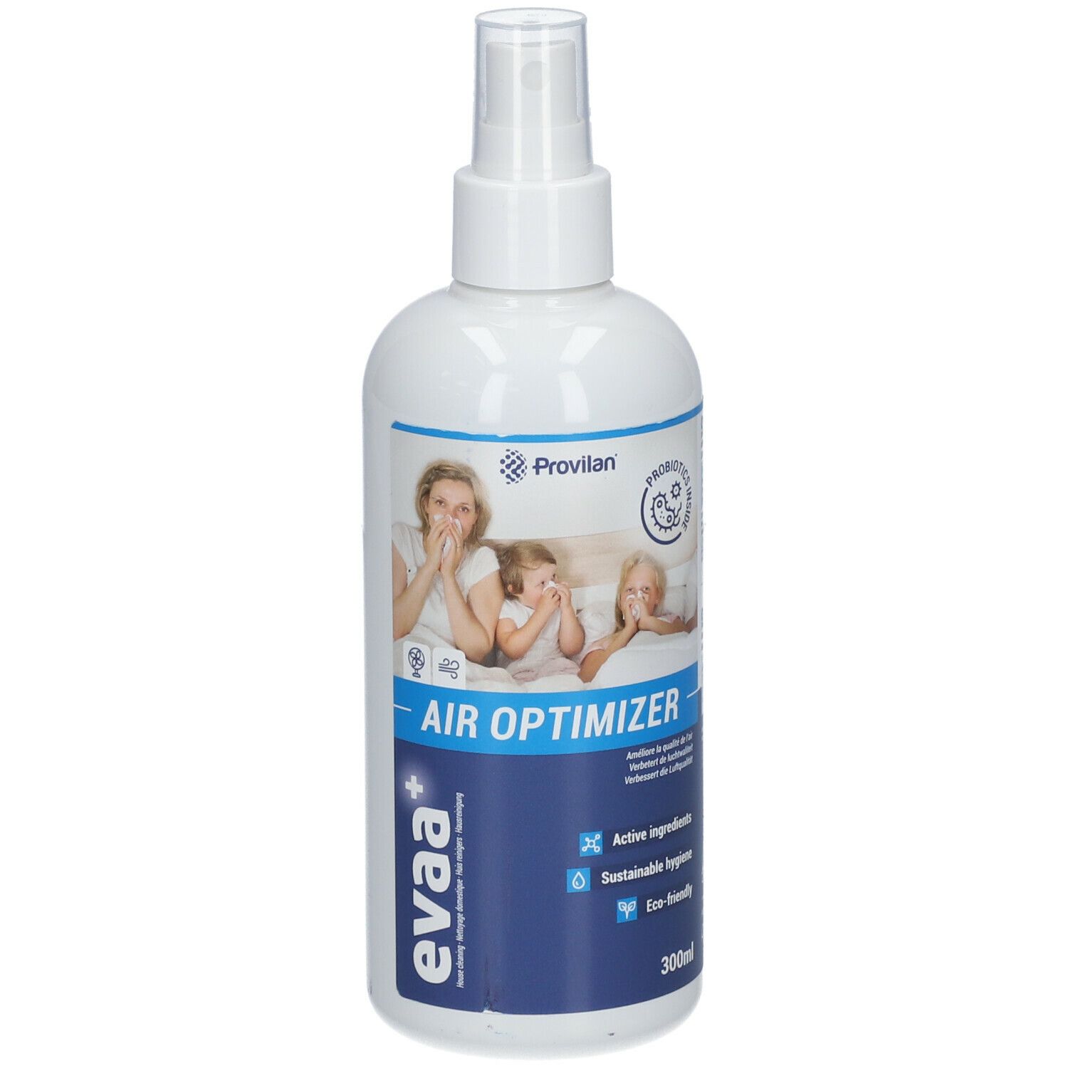 Flacon pulvérisateur blanc avec étiquette bleue. Inscription : Air Optimizer, eva+, Provilan. Image d'une famille. 300ml.