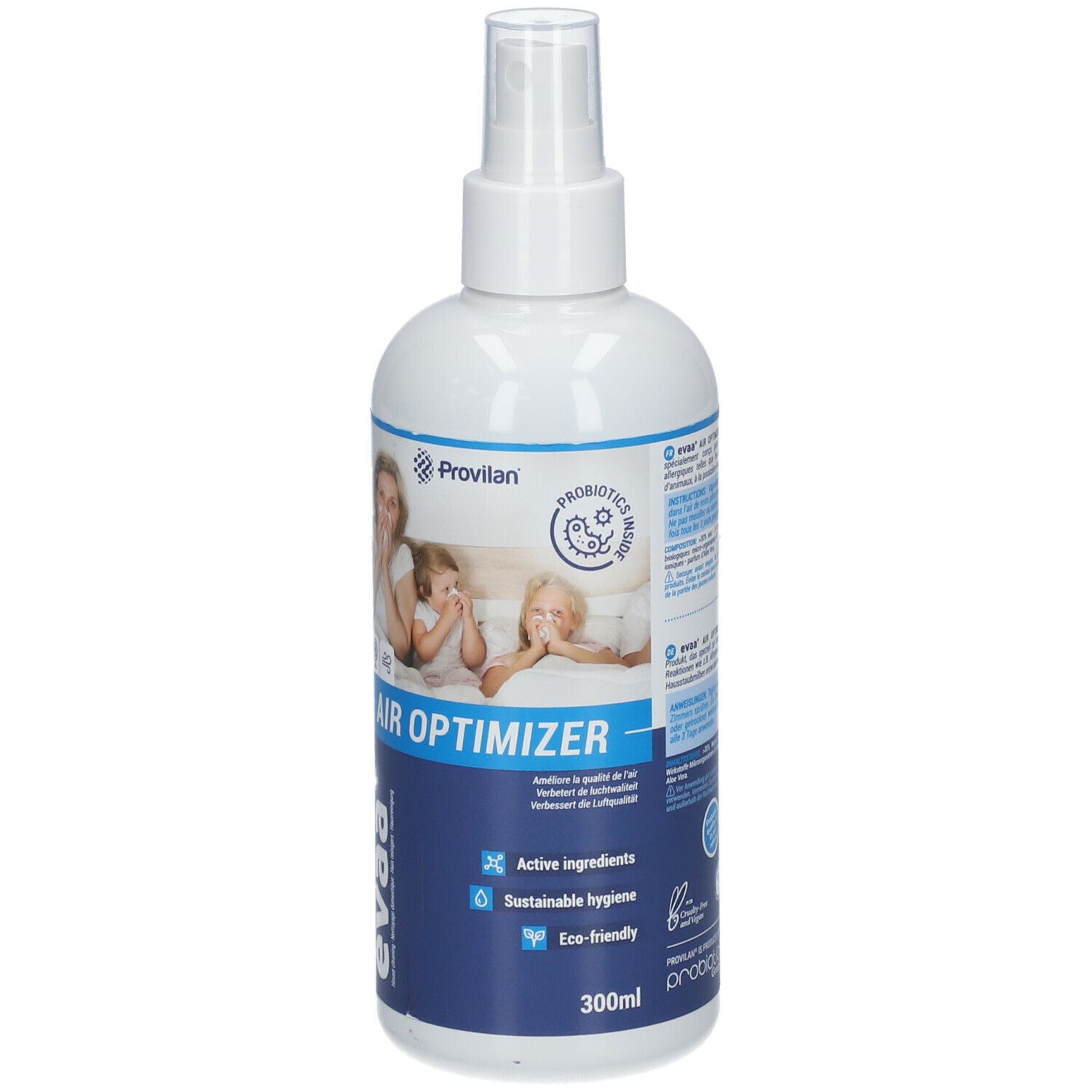 Flacon pulvérisateur blanc avec étiquette bleue. Inscription : Air Optimizer, eva+, Provilan. Image d'une famille. 300ml.