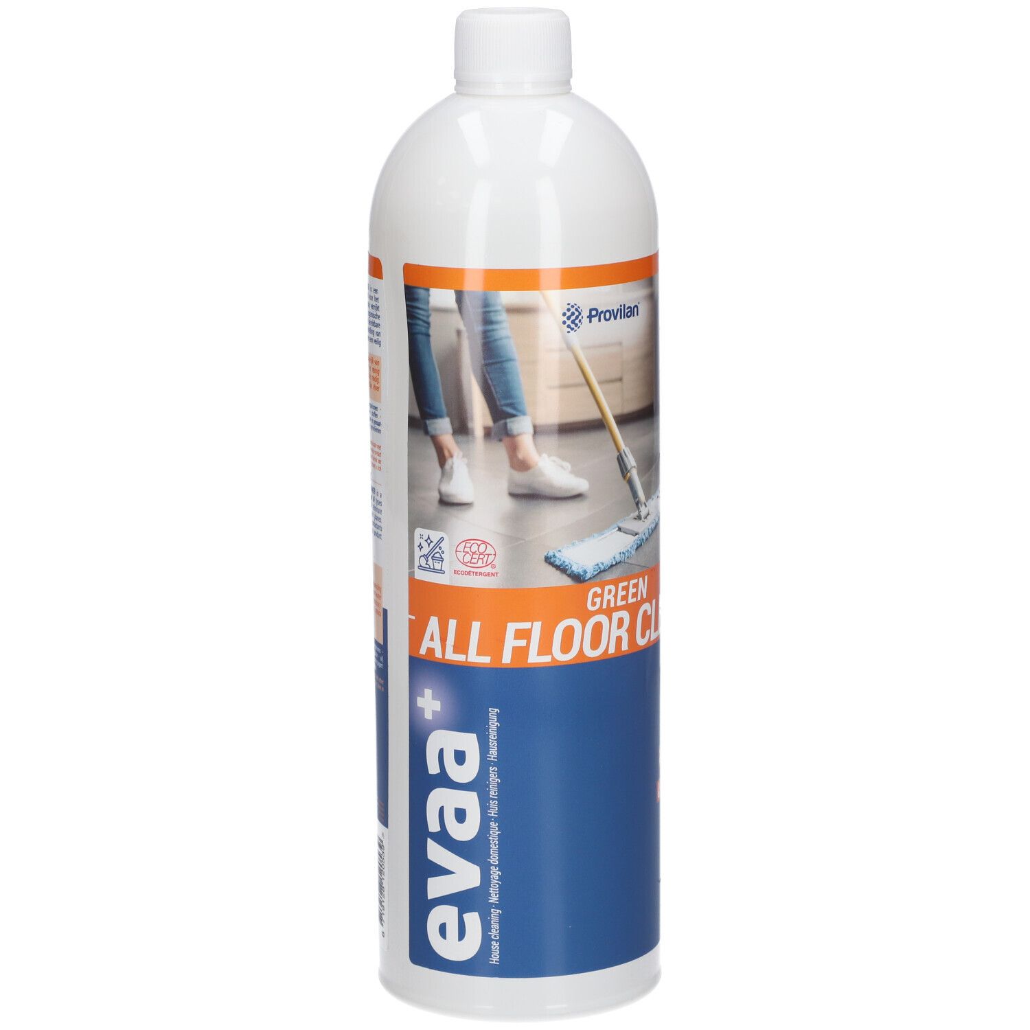 Weiße Flasche mit blauem Etikett. Aufschrift: eva+, Green All Floor Cleaner. Abbildung: Person wischt Boden.