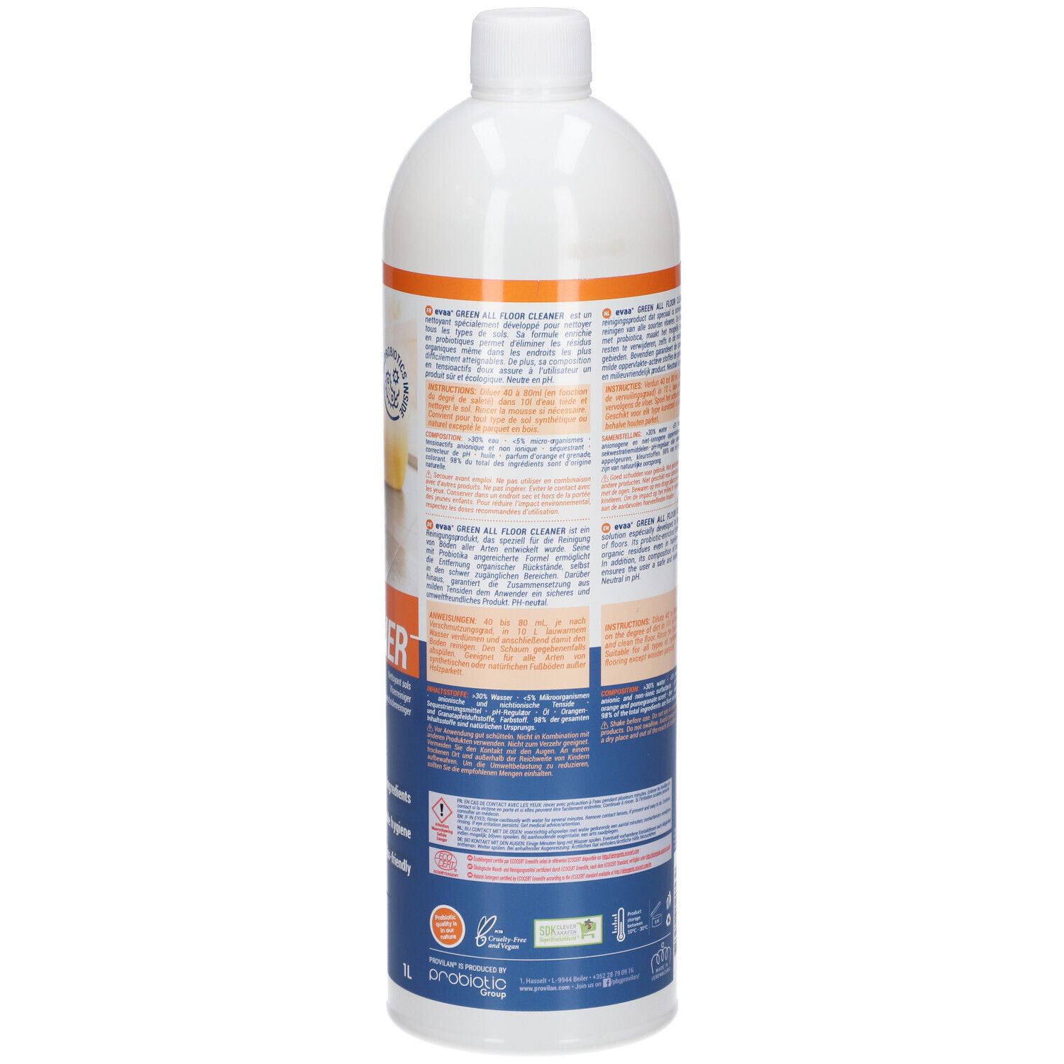 Weiße Flasche mit blauem Etikett. Textinformationen auf dem Etikett. Rückseite der Flasche.