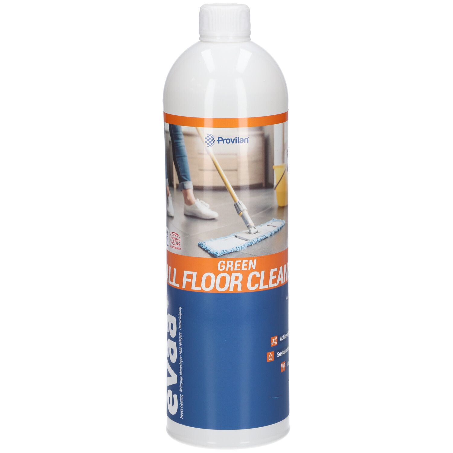 Weiße Flasche mit blauem Etikett. Aufschrift: eva+, Green All Floor Cleaner. Abbildung: Person wischt Boden.