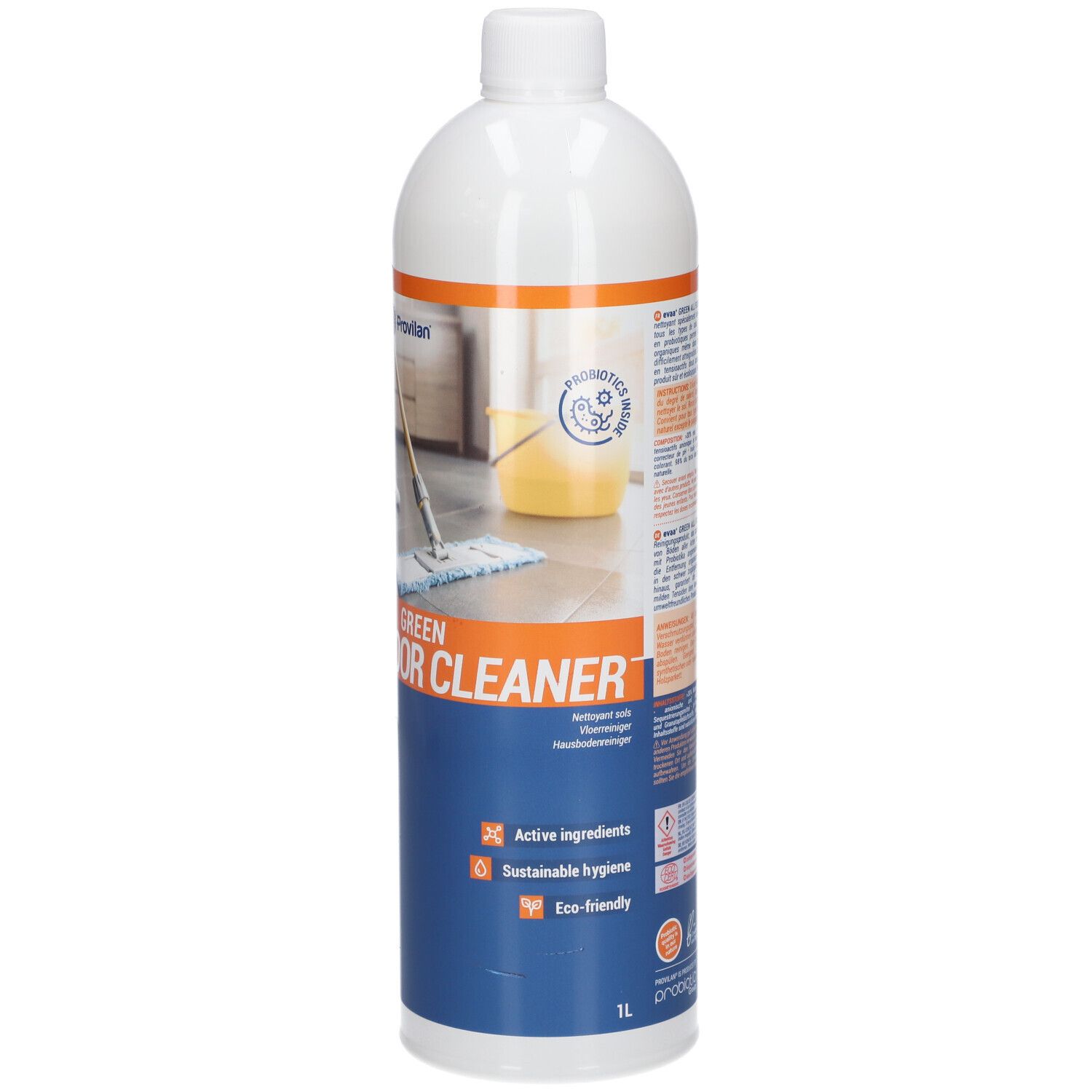 Weiße Flasche mit blauem Etikett. Aufschrift: Green All Floor Cleaner. Symbole und Text. 1L.