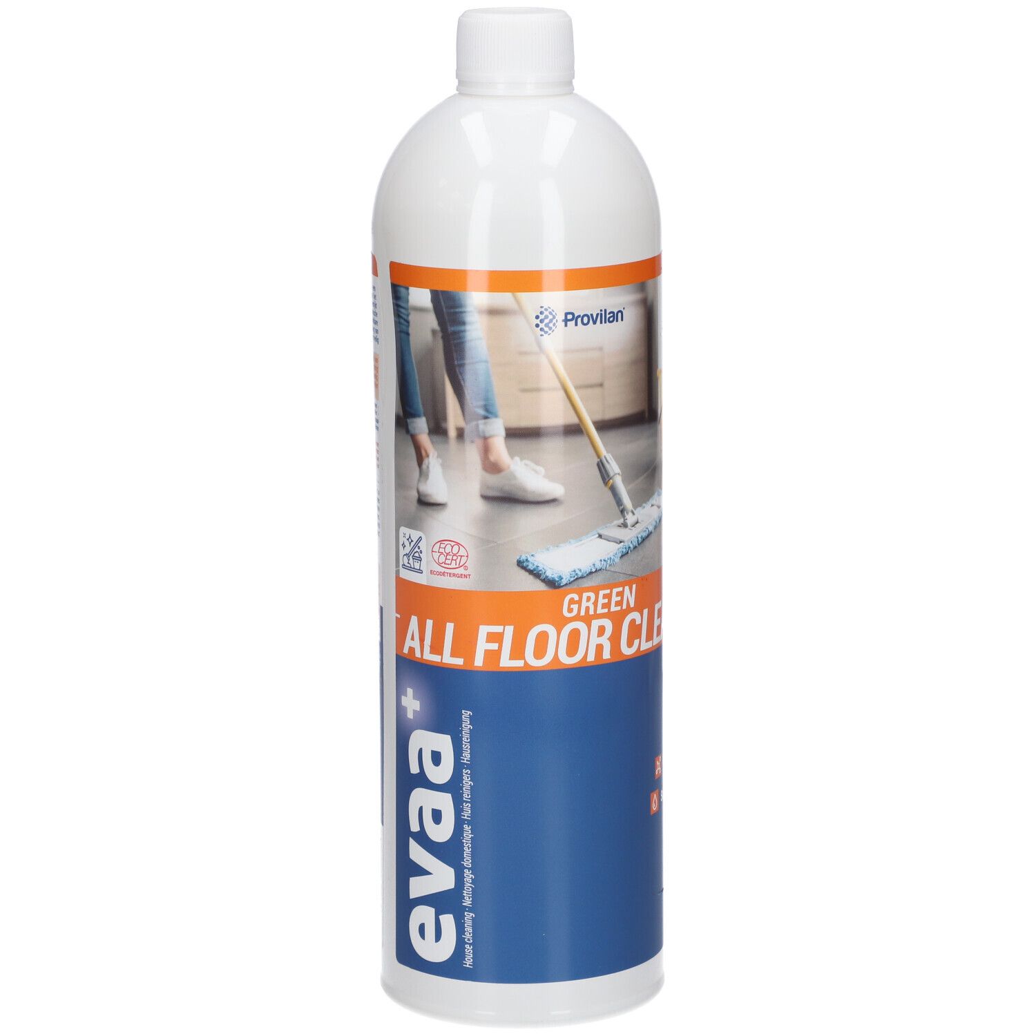 Weiße Flasche mit blauem Etikett. Aufschrift: eva+, Green All Floor Cleaner. Abbildung: Person wischt Boden.