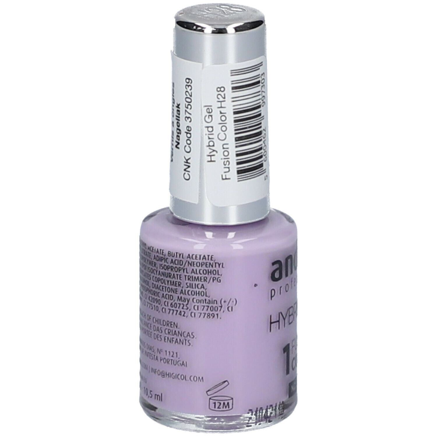 Dos du flacon Andreia Hybrid-Gel H28. Étiquette avec ingrédients, code CNK et informations produit.