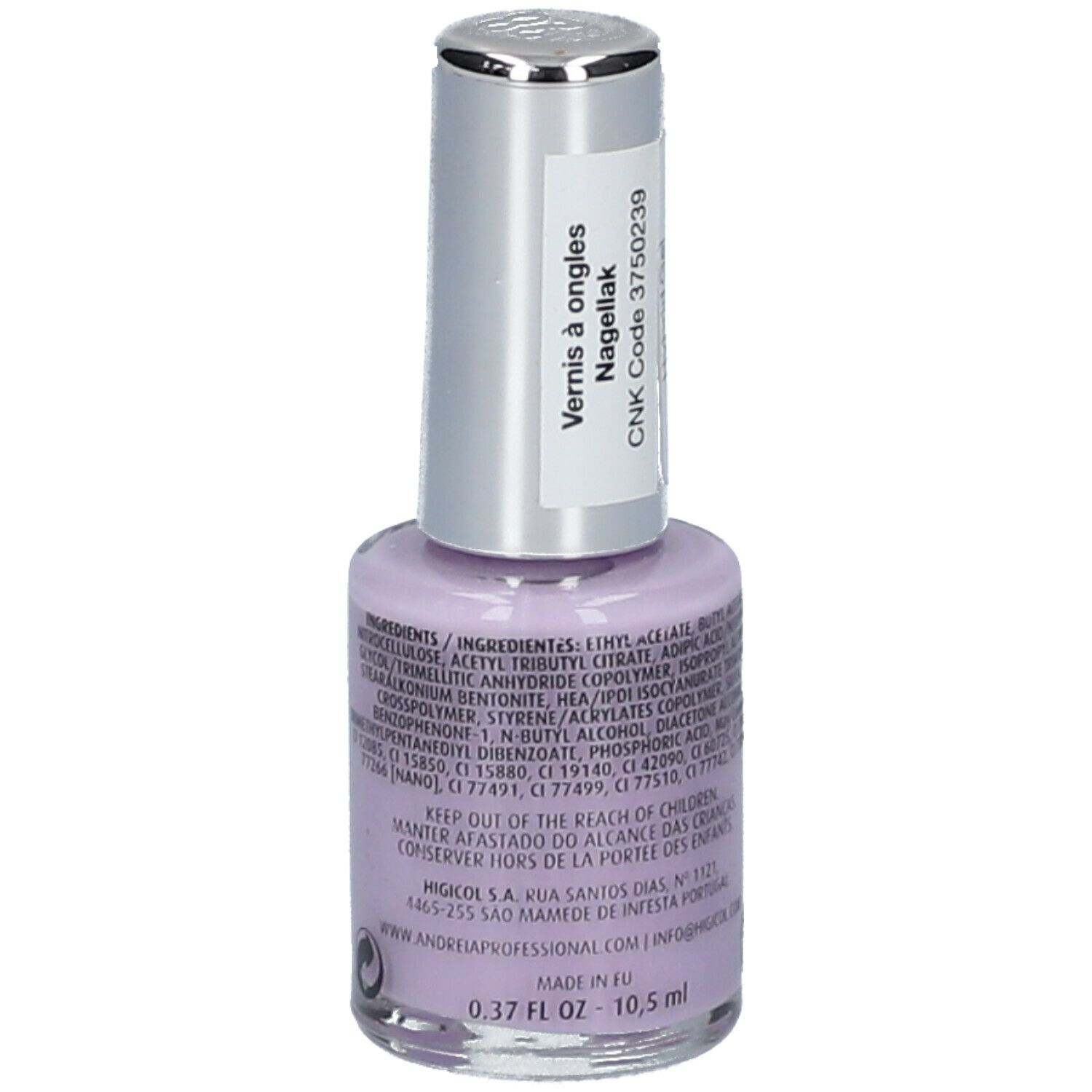 Vue arrière du flacon Andreia Hybrid-Gel H28. Étiquette avec ingrédients et informations produit.