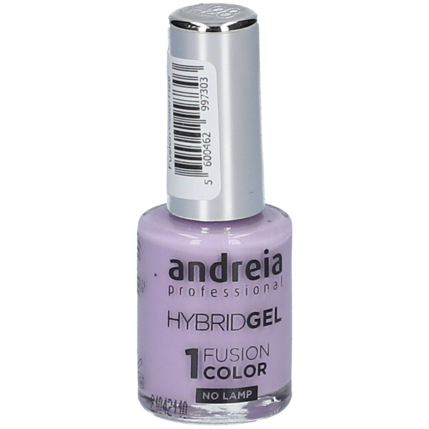 Flacon de vernis à ongles Andreia Hybrid-Gel H28, lilas. Bouchon argenté. Nom et détails du produit visibles.