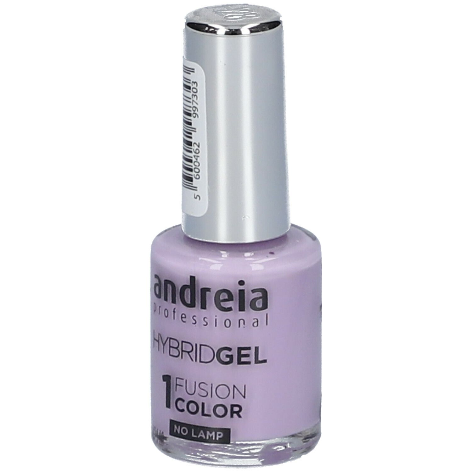 Flacon de vernis à ongles Andreia Hybrid-Gel H28, lilas. Bouchon argenté. Nom et détails du produit visibles.
