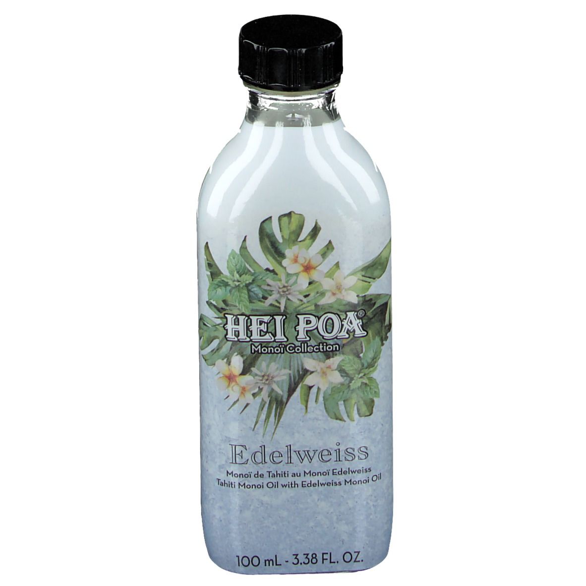 Flacon en verre avec bouchon noir. Inscription: HEI POA Monoi Collection Edelweiss. 100 ml.