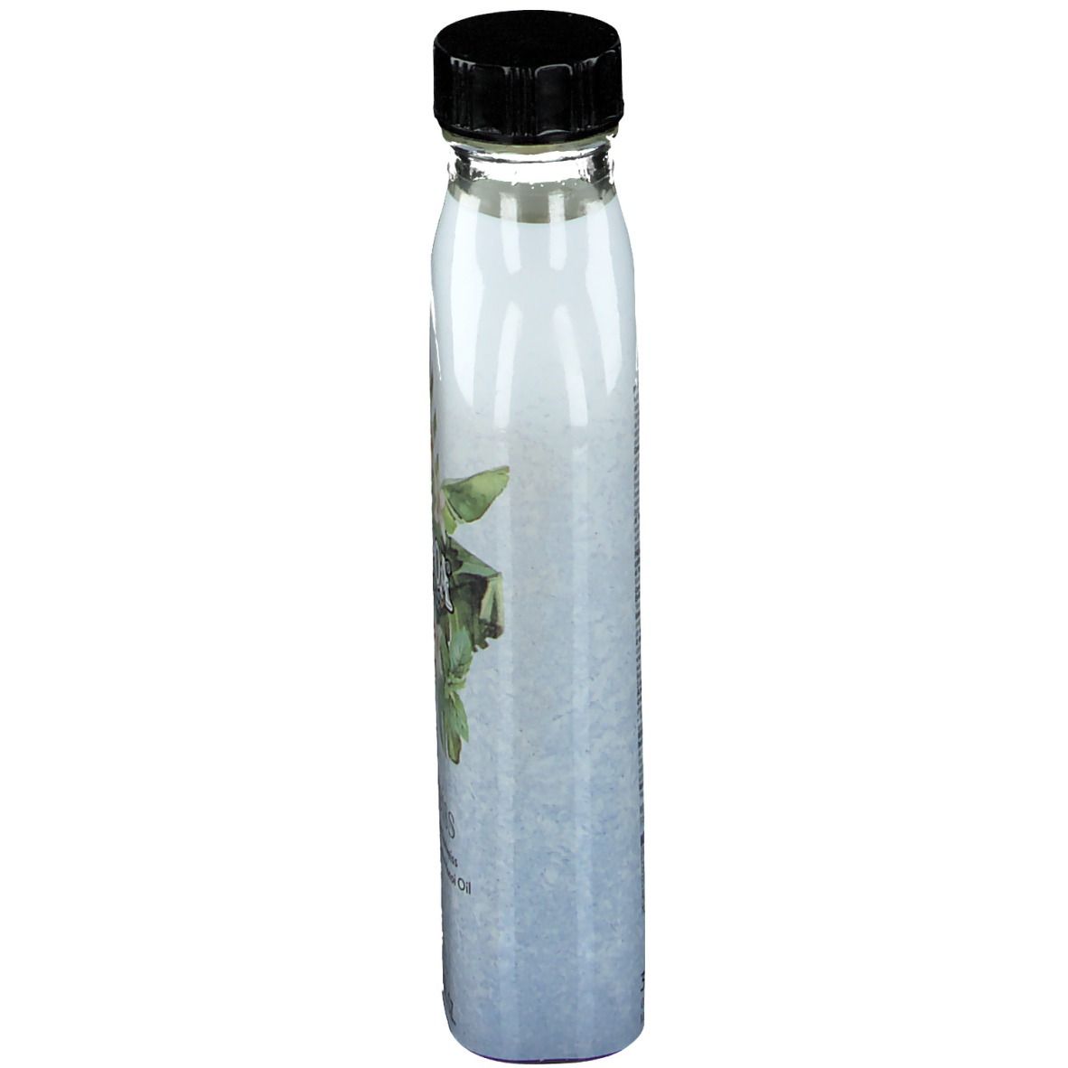 Flacon en verre long et étroit avec bouchon noir. Motif floral imprimé.