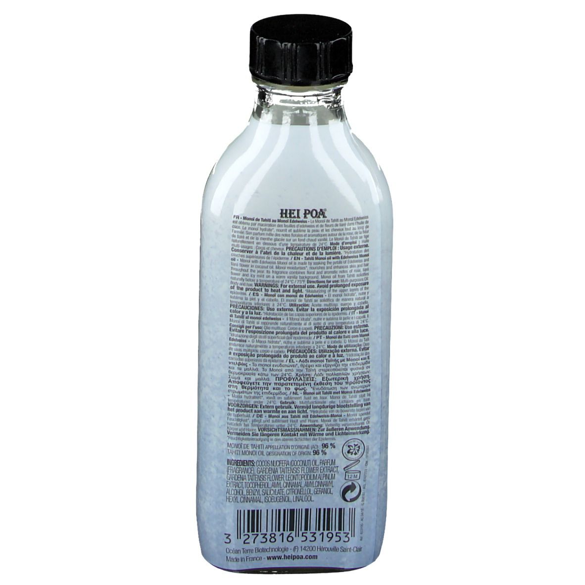 Dos d'un flacon en verre avec bouchon noir. Texte avec ingrédients et informations.