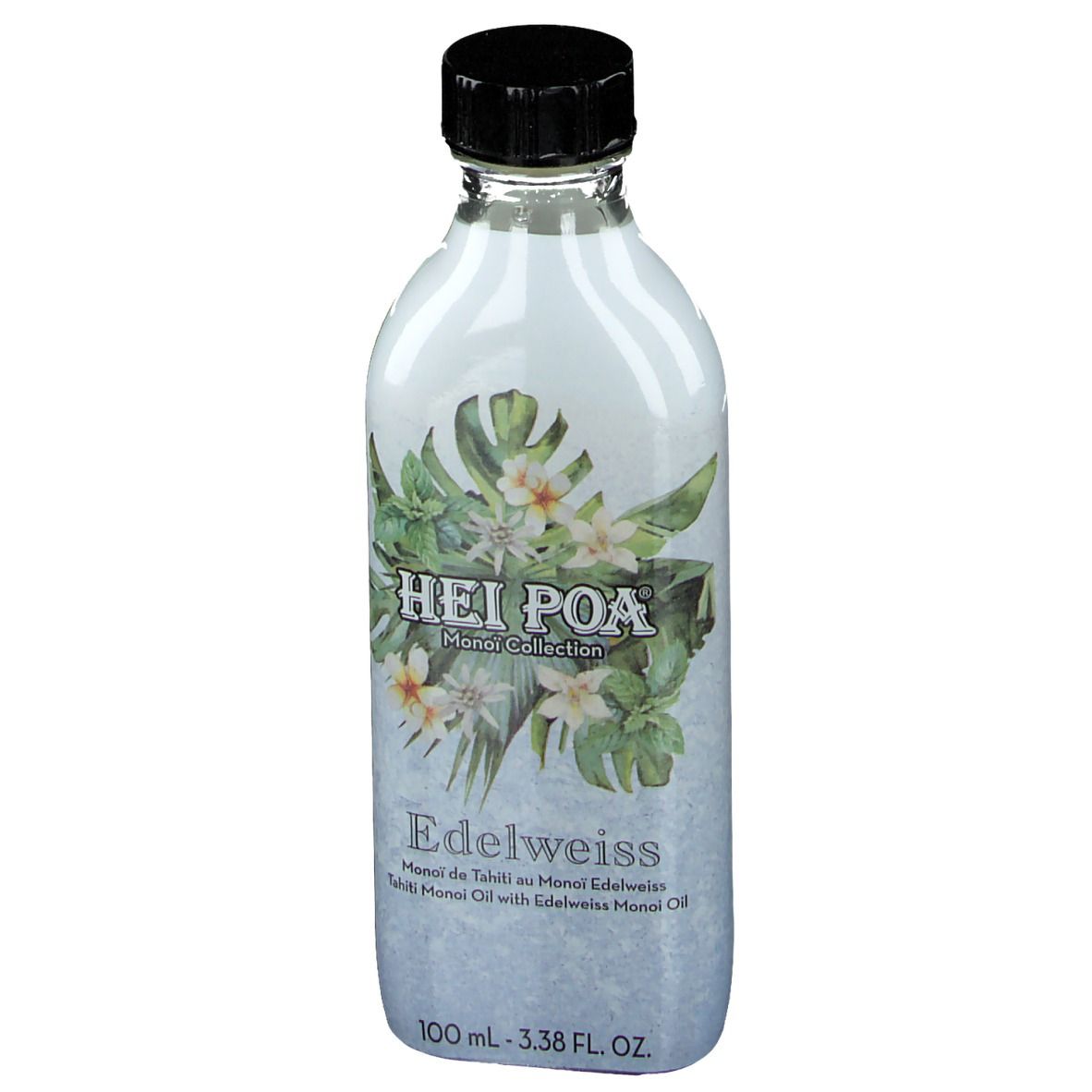 Flacon en verre avec bouchon noir. Inscription: HEI POA Monoi Collection Edelweiss. 100 ml.