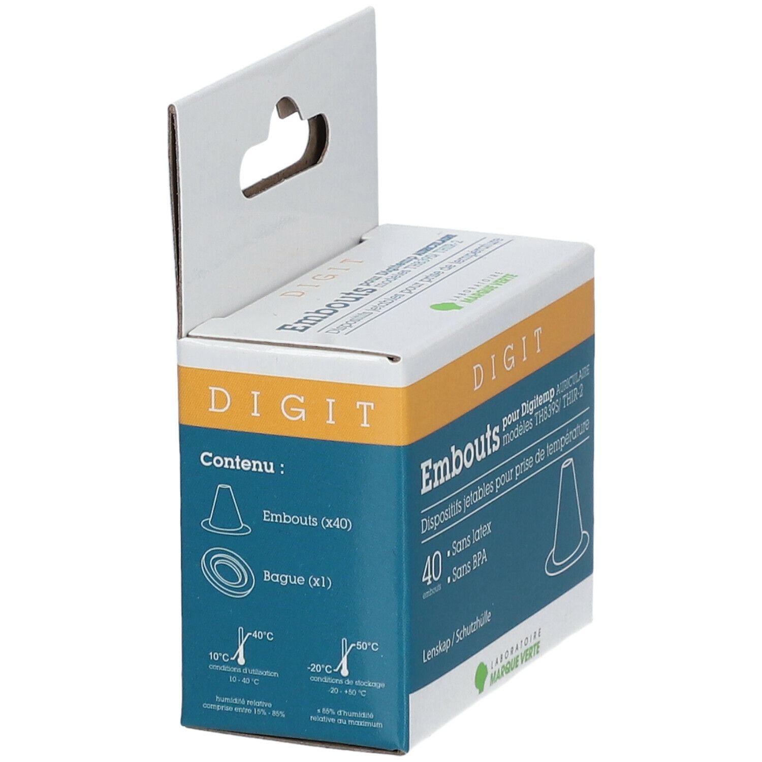 Boîte de protections auriculaires DIGIT. Contient 40 embouts et une bague. Sans latex et sans BPA. Vue de côté.