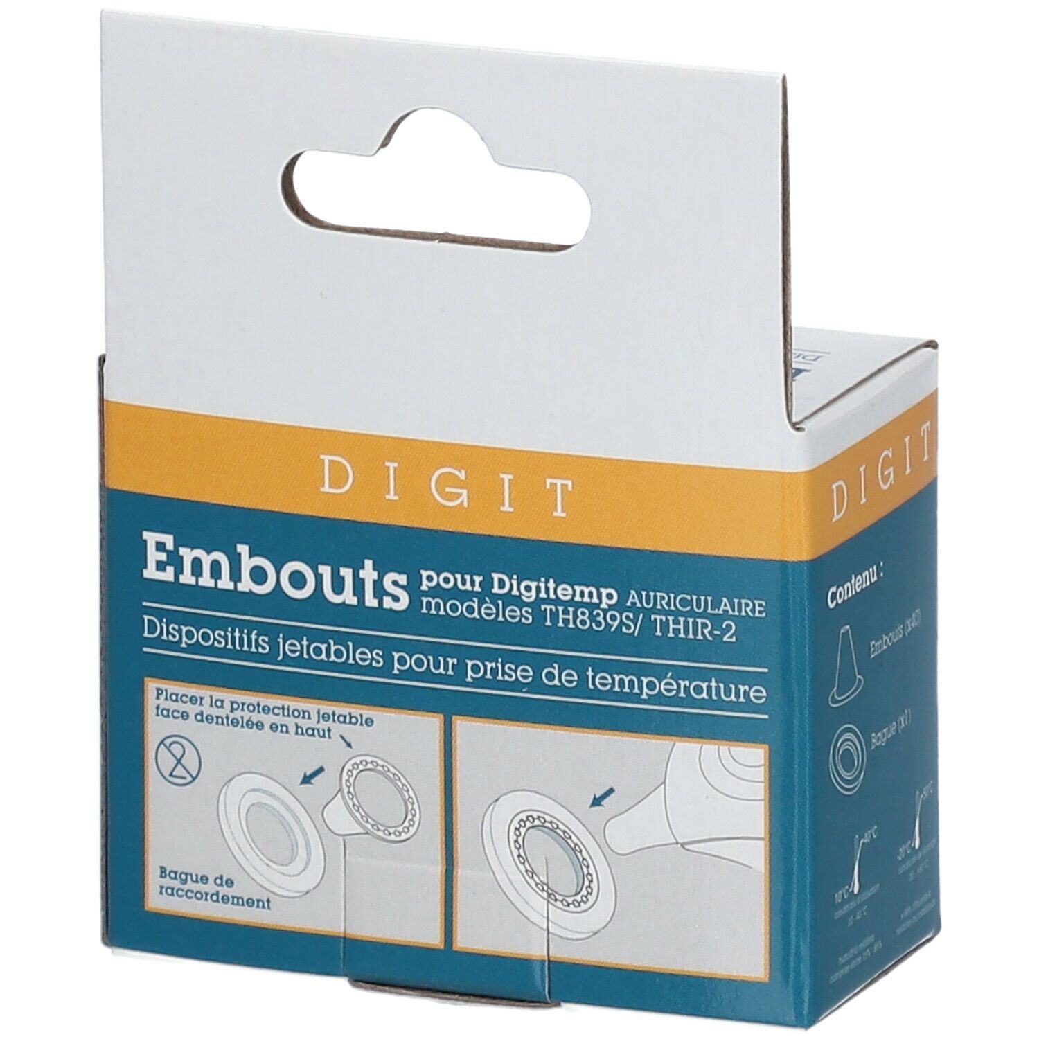 Boîte de protections auriculaires DIGIT. Contient 40 embouts. Sans latex et sans BPA. Instructions d'utilisation.