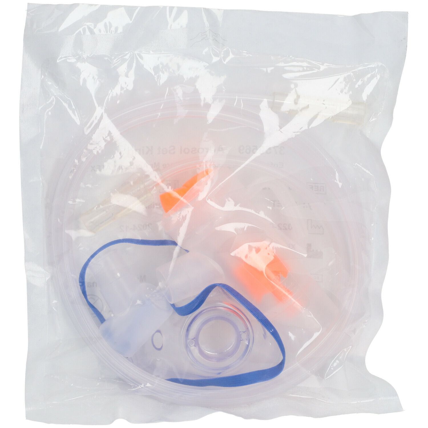 Set verpakt in plastic. Bevat masker, slang en oranje onderdelen. Blauwe maskerhouder.