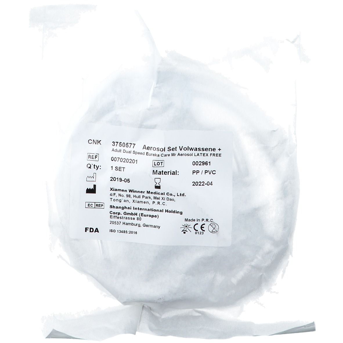 Aërosolset in plastic verpakking. Bevat masker en accessoires. Label met productinformatie en certificeringen.