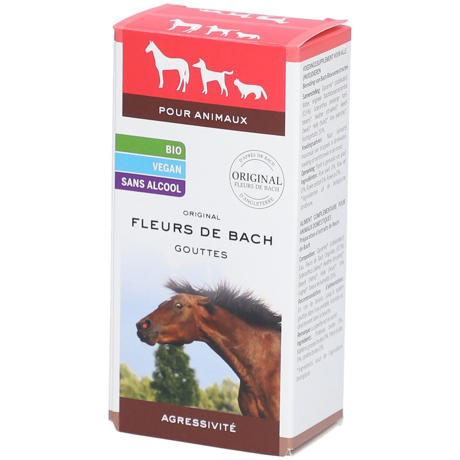 Verpakking Fleurs de Bach voor dieren, met paardenillustratie. Bevat druppels, tegen agressie.