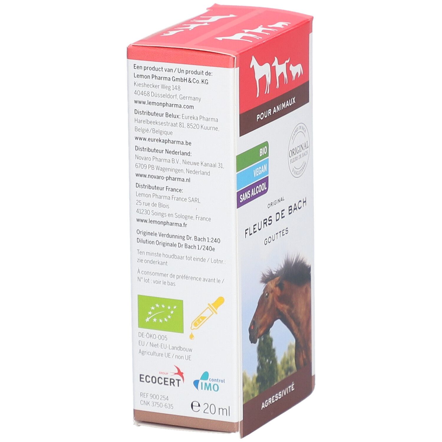 Verpakking Fleurs de Bach. Druppels voor dieren, tegen agressie. Bio-gecertificeerd, 20ml.