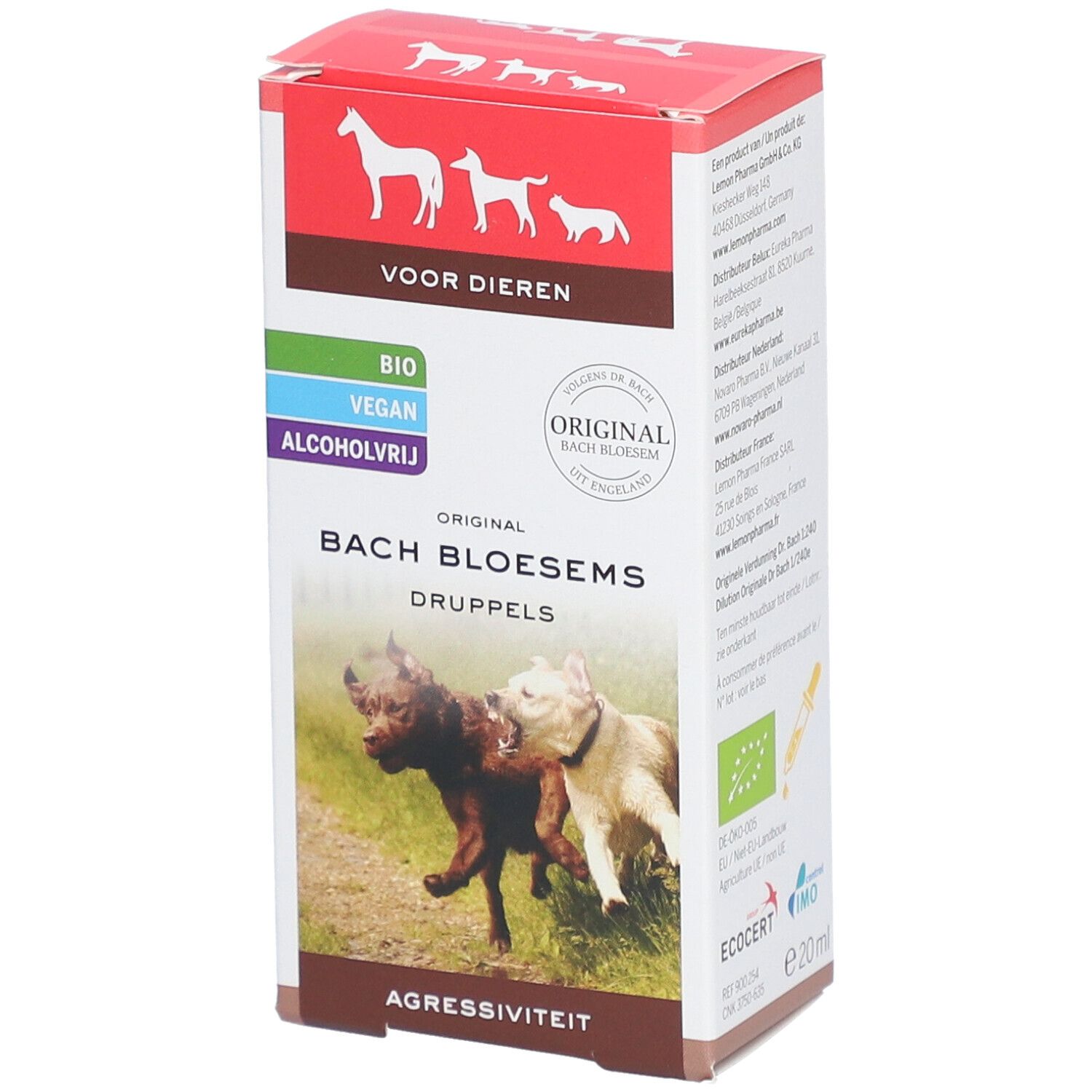 Verpakking Bachbloesems voor dieren. Druppels, tegen agressie. Met hondenillustraties.