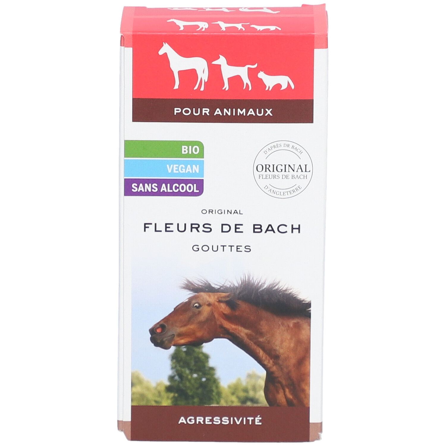 Verpakking Fleurs de Bach voor dieren. Druppels, tegen agressie. Met paardenillustratie.