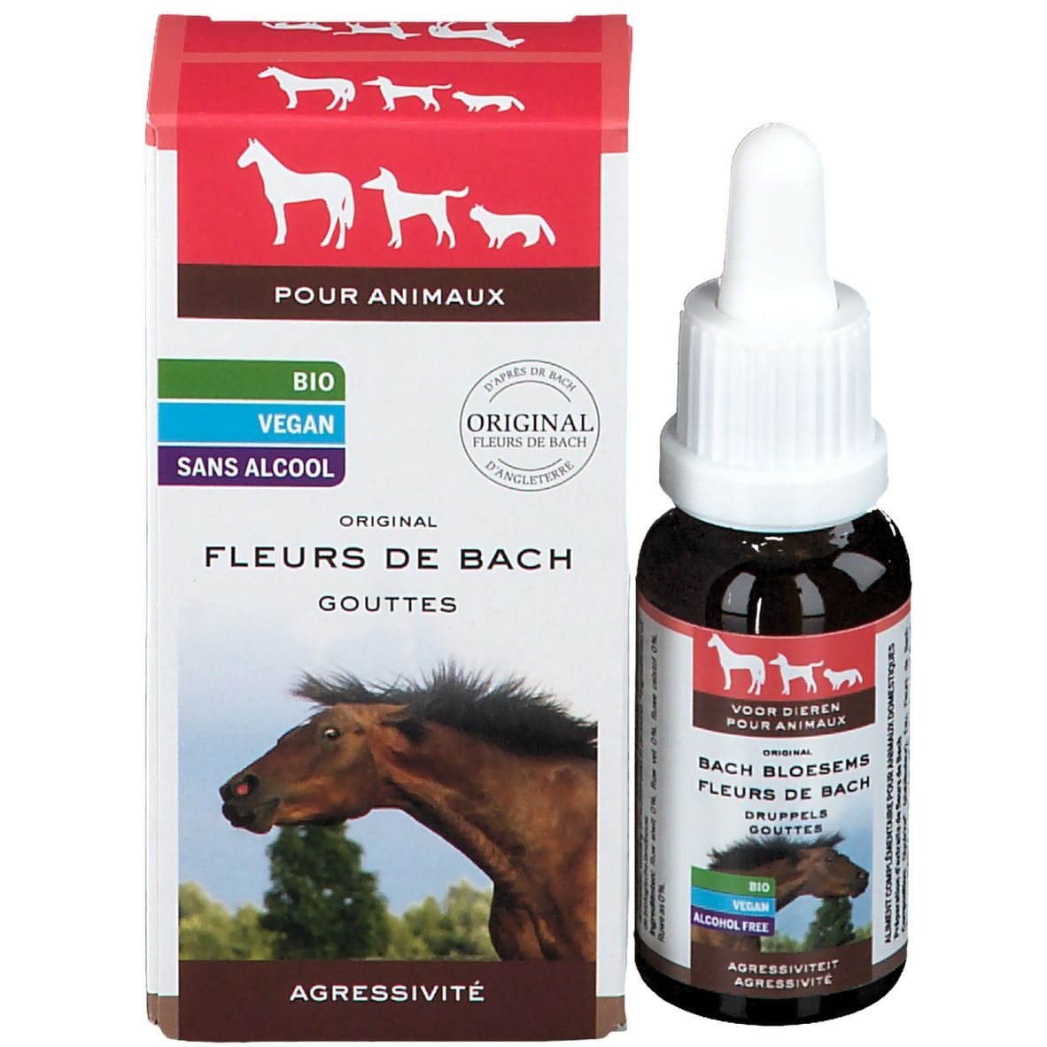 Fleurs de Bach druppels en verpakking. Voor dieren, tegen agressie. Met paardenillustratie.
