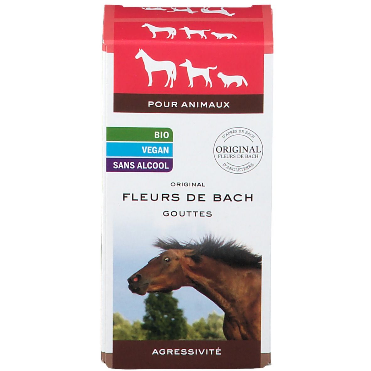 Verpakking Fleurs de Bach voor dieren. Druppels, tegen agressie. Met paardenillustratie.