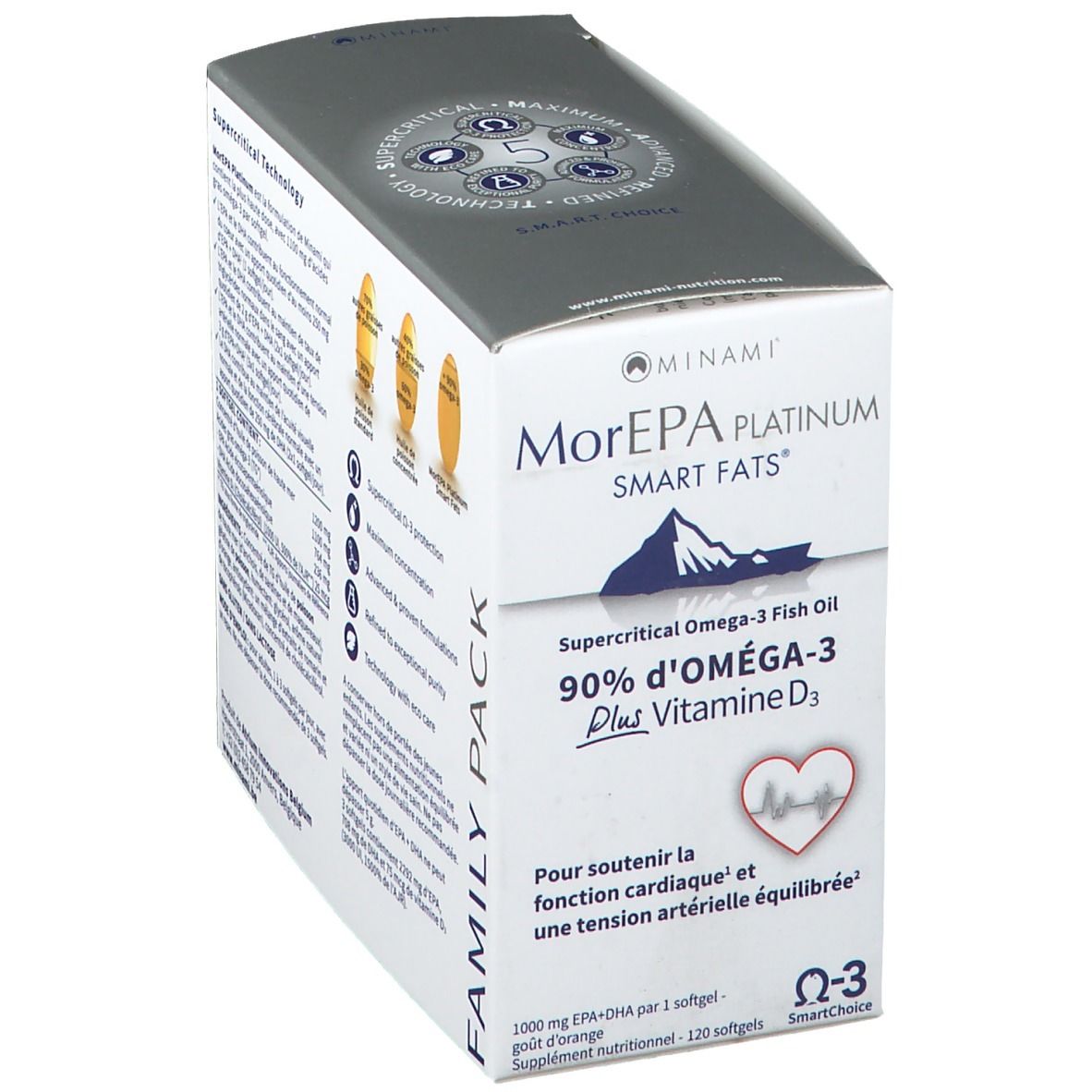 Verpakking van Minami Morepa Platinum Smart Fats + Vitamine D3. Witte doos met productnaam, informatie en Omega-3 symbool.