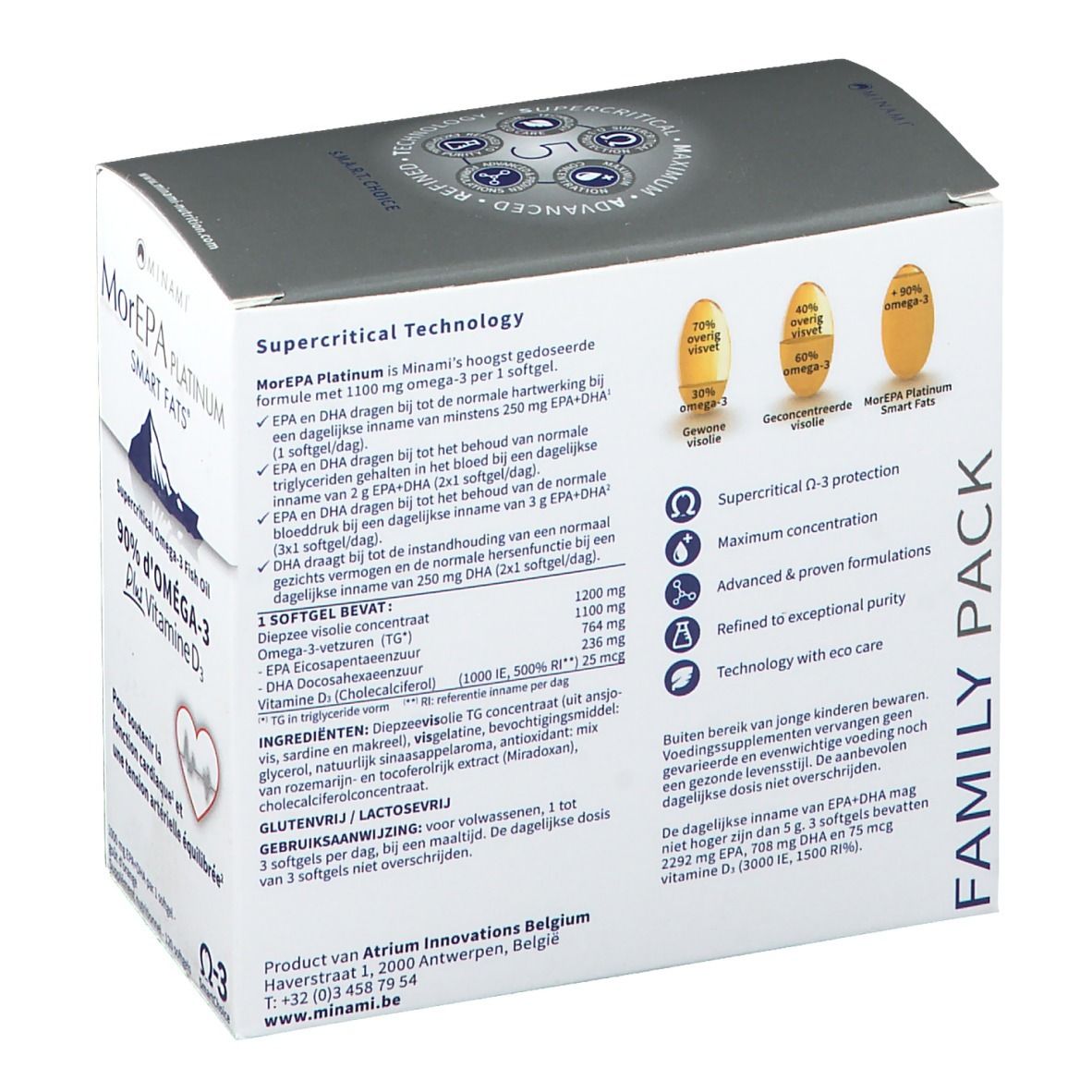 Achterkant van de verpakking van Minami Morepa Platinum Smart Fats + Vitamine D3. Bevat productinformatie, ingrediënten en het adres van de fabrikant.