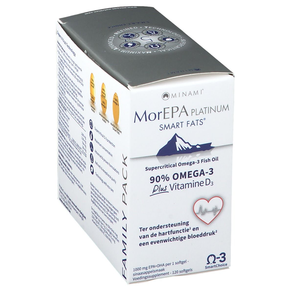 Verpakking van Minami Morepa Platinum Smart Fats + Vitamine D3. Witte doos met productnaam, informatie en Omega-3 symbool.