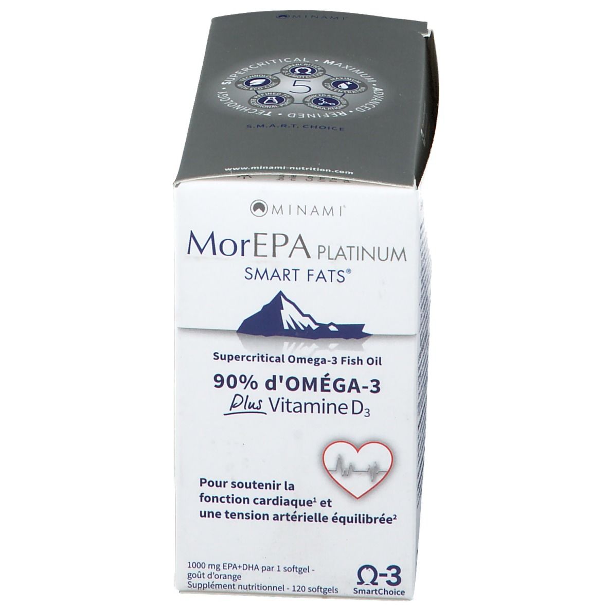 Verpakking van Minami Morepa Platinum Smart Fats + Vitamine D3. Witte doos met productnaam, informatie en Omega-3 symbool.