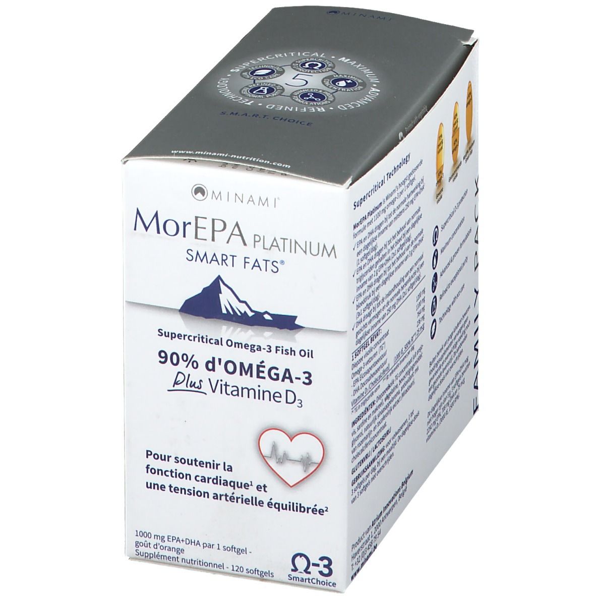 Verpakking van Minami Morepa Platinum Smart Fats + Vitamine D3. Witte doos met productnaam, informatie en Omega-3 symbool.