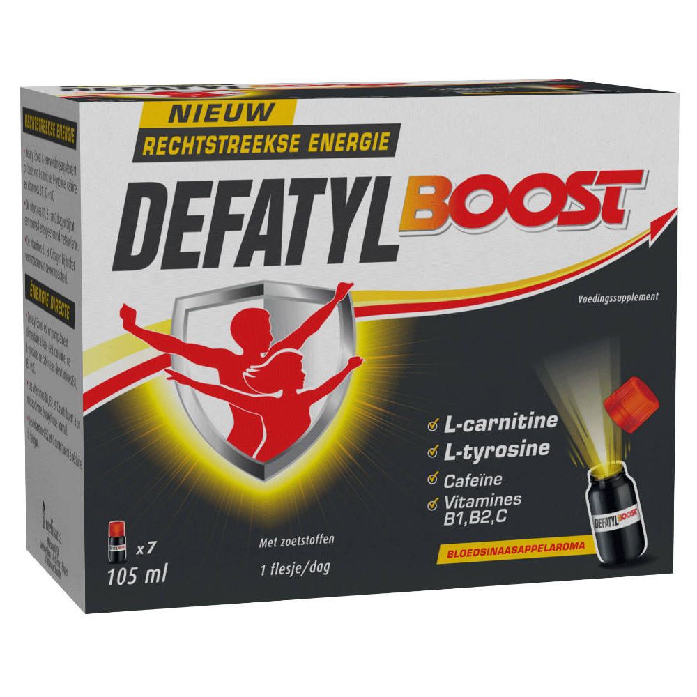 Verpakking van DEFATYL BOOST. Bevat 7 flesjes van 105 ml. Bevat L-carnitine, L-tyrosine, cafeïne en vitamines B1, B2, C.