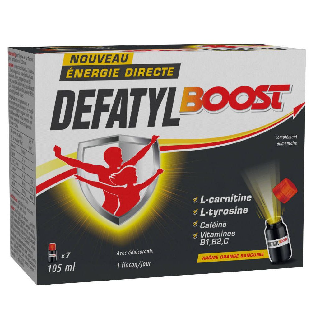 Verpakking van DEFATYL BOOST. Bevat 7 flesjes van 105 ml. Bevat L-carnitine, L-tyrosine, cafeïne en vitamines B1, B2, C.