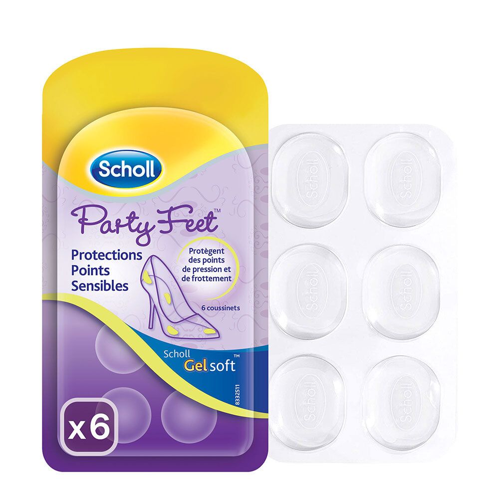 Scholl Party Feet. Emballage et 6 coussinets en gel transparents. Protège des points de pression et frottements. Emballage jaune et violet.