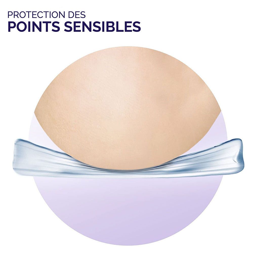 Morceau de peau sur une couche de gel bleu ondulé. Texte : Protection des points sensibles. Fond : Cercle violet.