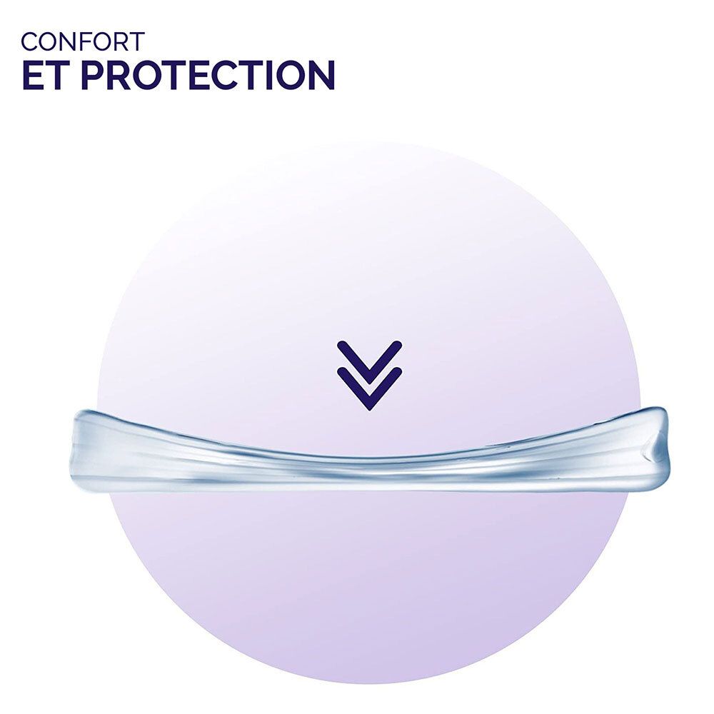 Couche de gel bleu ondulé. Texte : Confort et protection. Fond : Cercle violet avec flèche.