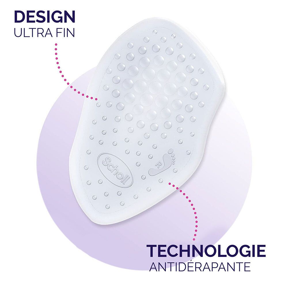 Semelle intérieure en gel transparente. Texte : Design ultra fin, technologie antidérapante. Fond : Cercle violet.