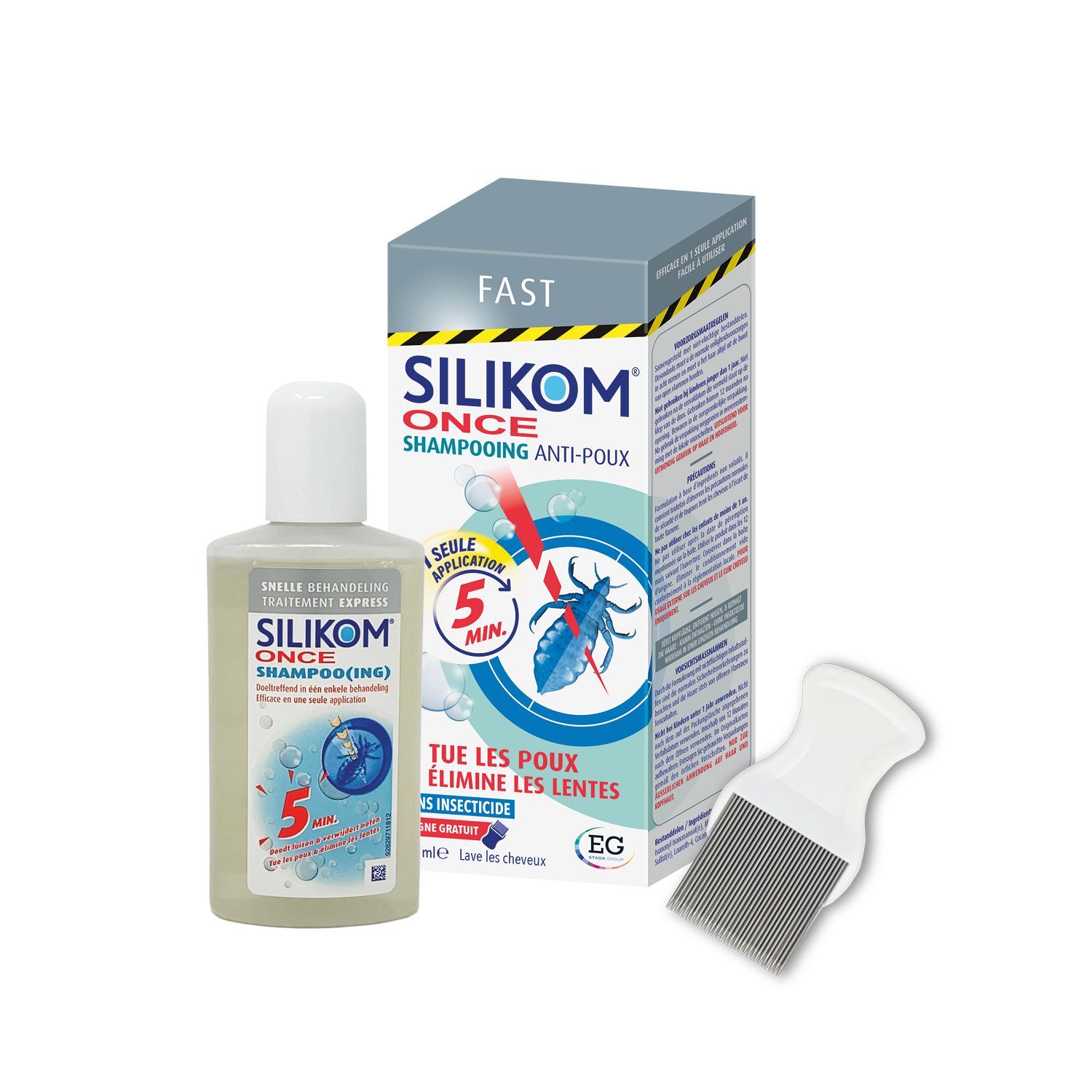 Boîte Silikom Once Shampooing Anti-poux. Illustration de poux et texte.