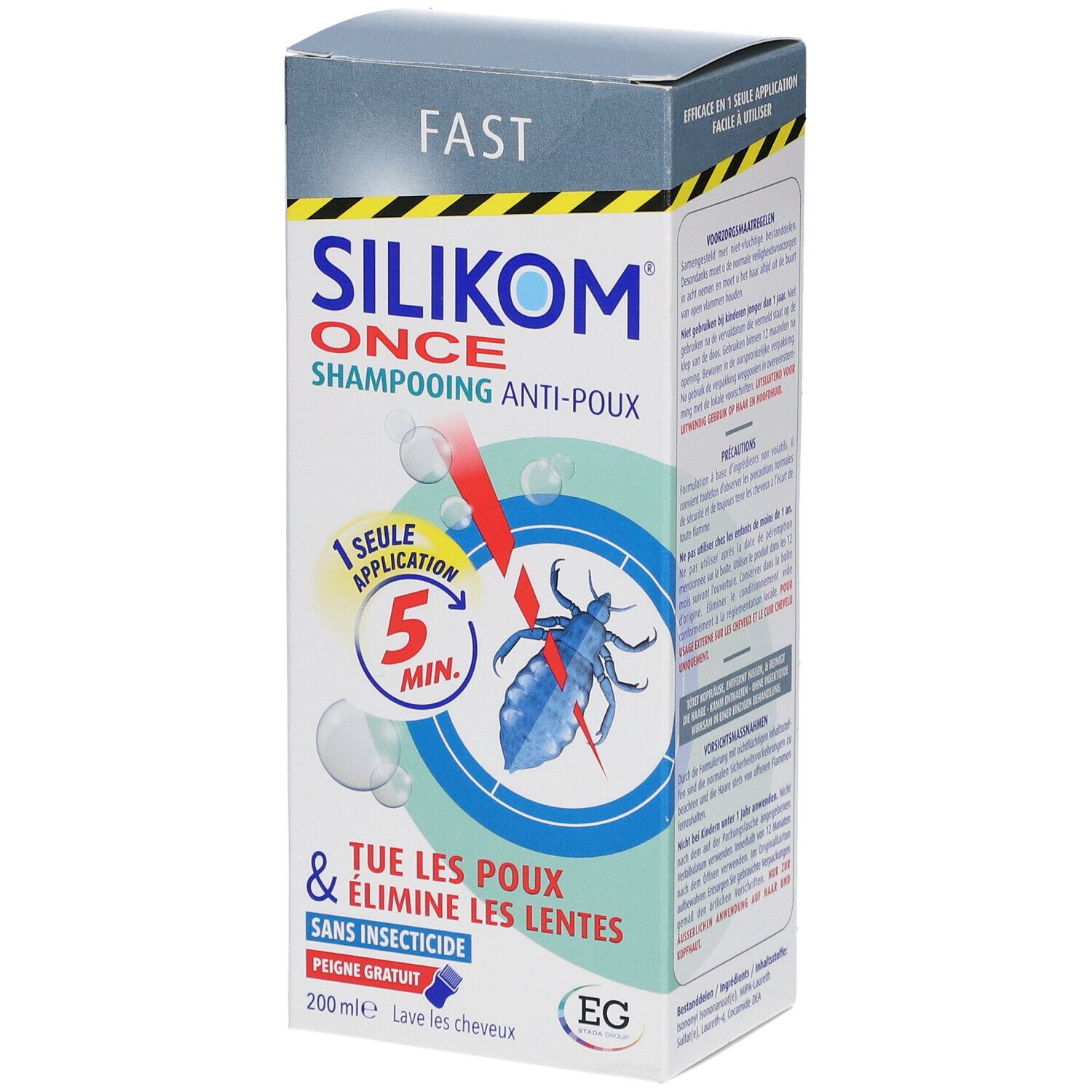 Boîte de Silikom Once Shampooing Anti-poux. Illustration de poux et texte.