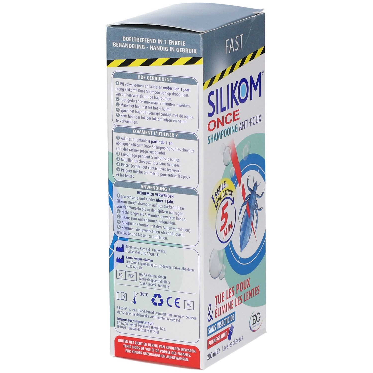 Dos de la boîte Silikom Once Shampooing Anti-poux. Texte et informations.