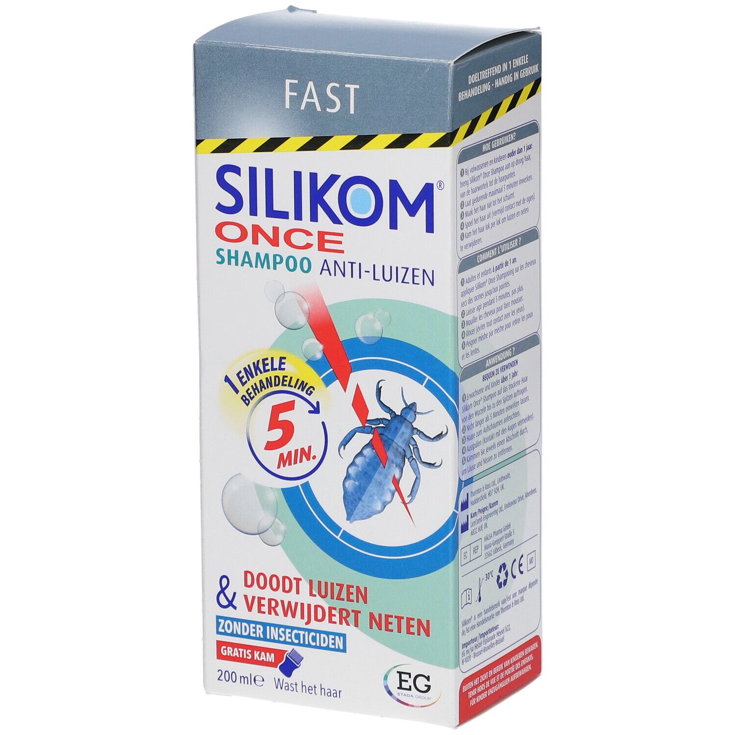 Boîte Silikom Once Shampooing Anti-luizen. Illustration de poux et texte.