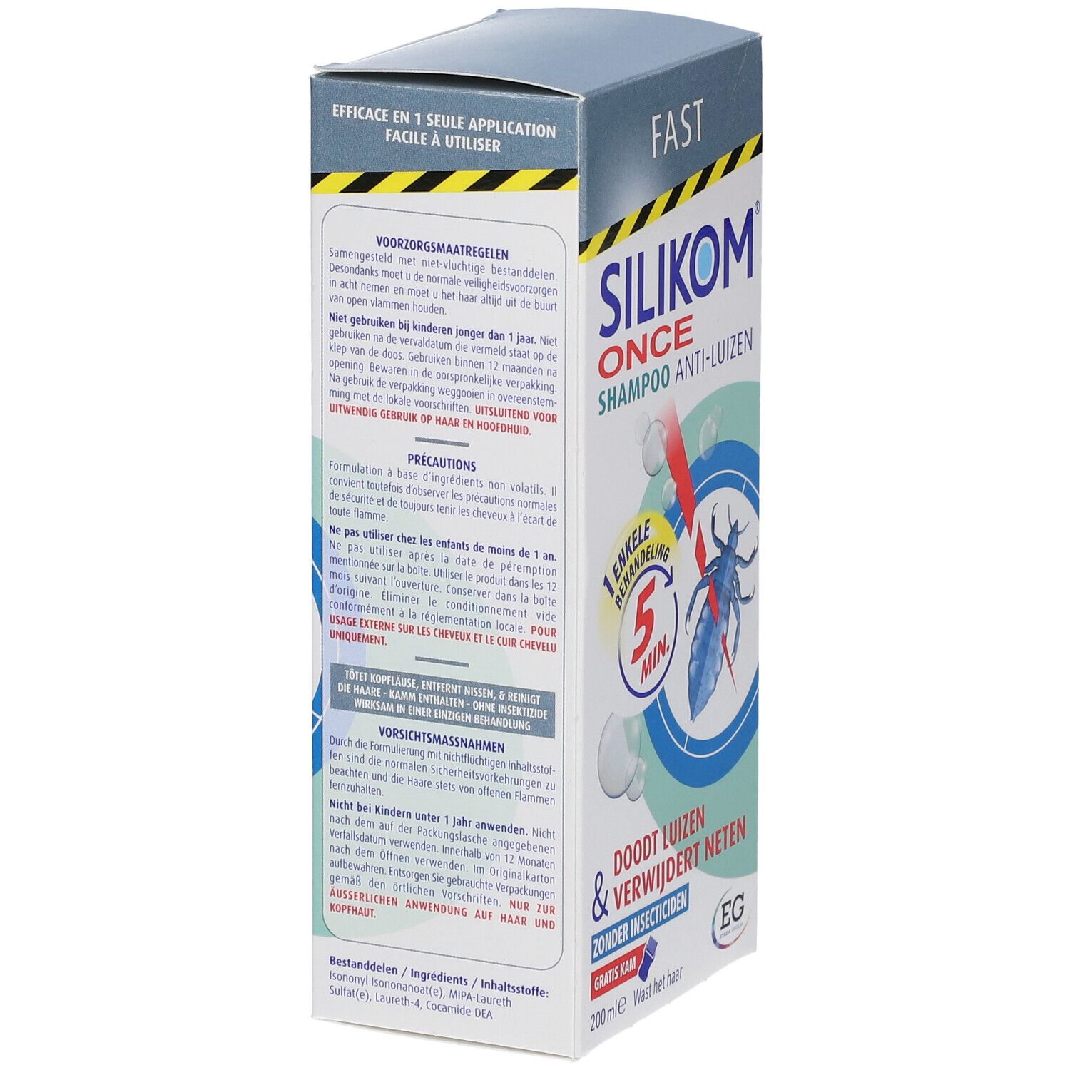 Dos de la boîte Silikom Once Shampooing Anti-luizen. Texte et informations.