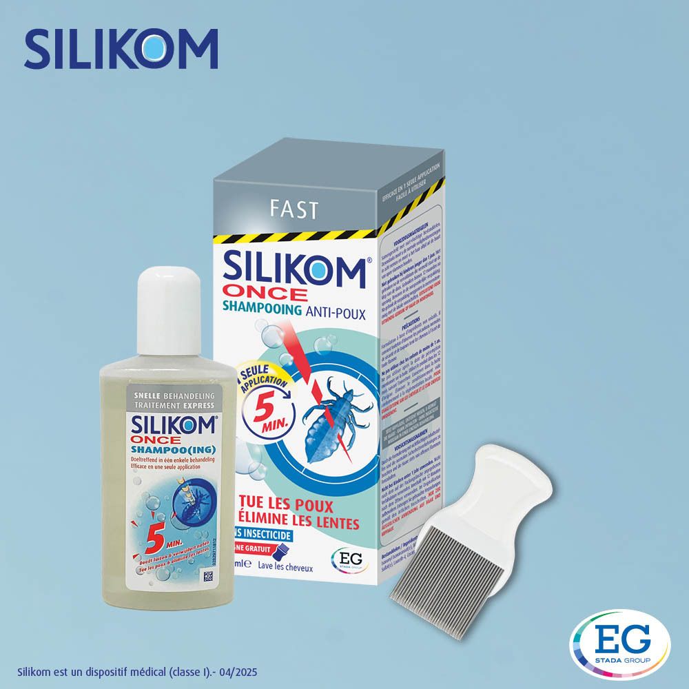 Boîte Silikom Once Shampooing Anti-poux. Illustration de poux et texte.