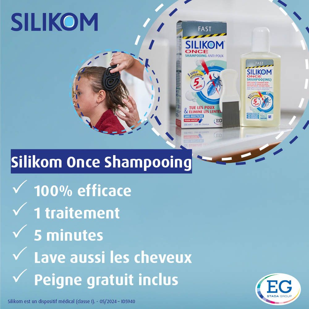 Silikom Once Shampooing, flacon, peigne et boîte. Présentation produit.